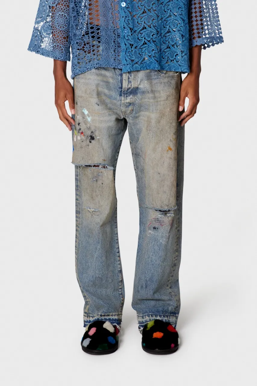 652#Gallery Dept New Retro Dirty Feng Shui Washed Mud Dye Knife Cut Splash Ink Jeans American High Street Casual Trousers Washed Blue S～XL p250